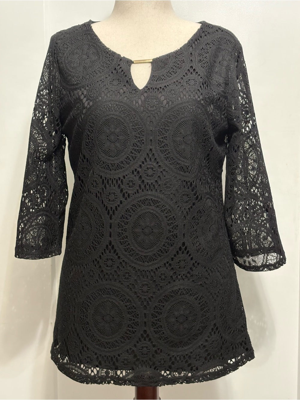 Tacera Black Lace Keyhole Tunic Top Blouse Medium 3/4 Sleeve Goth Whimsigoth